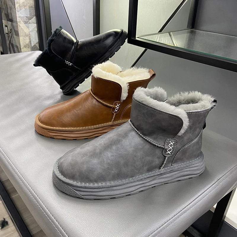 百搭2025冬季短筒厚底保暖防滑油蜡皮男鞋雪地靴真皮羊毛套筒棉鞋