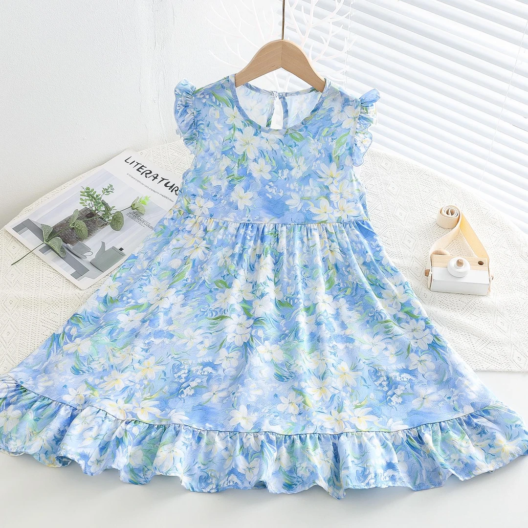 红路皇女童人造棉连衣裙2025新款薄款女孩棉绸碎花沙滩裙儿童飞袖