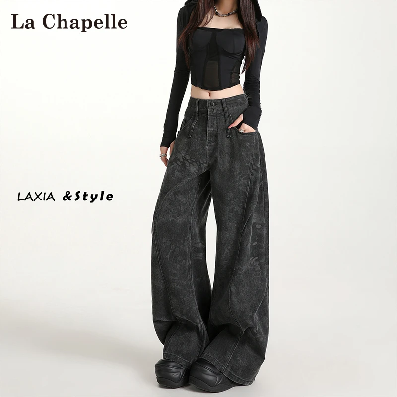 拉夏贝尔黑色印花工装牛仔裤女秋季新款设计感高腰宽松弯刀阔腿裤
