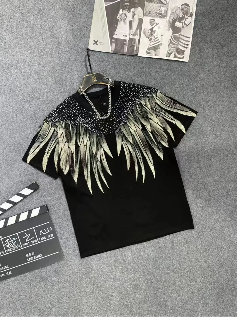 11910新款翅膀百搭重工宽松高奢烫钻圆领潮牌满钻T恤时尚半袖个性