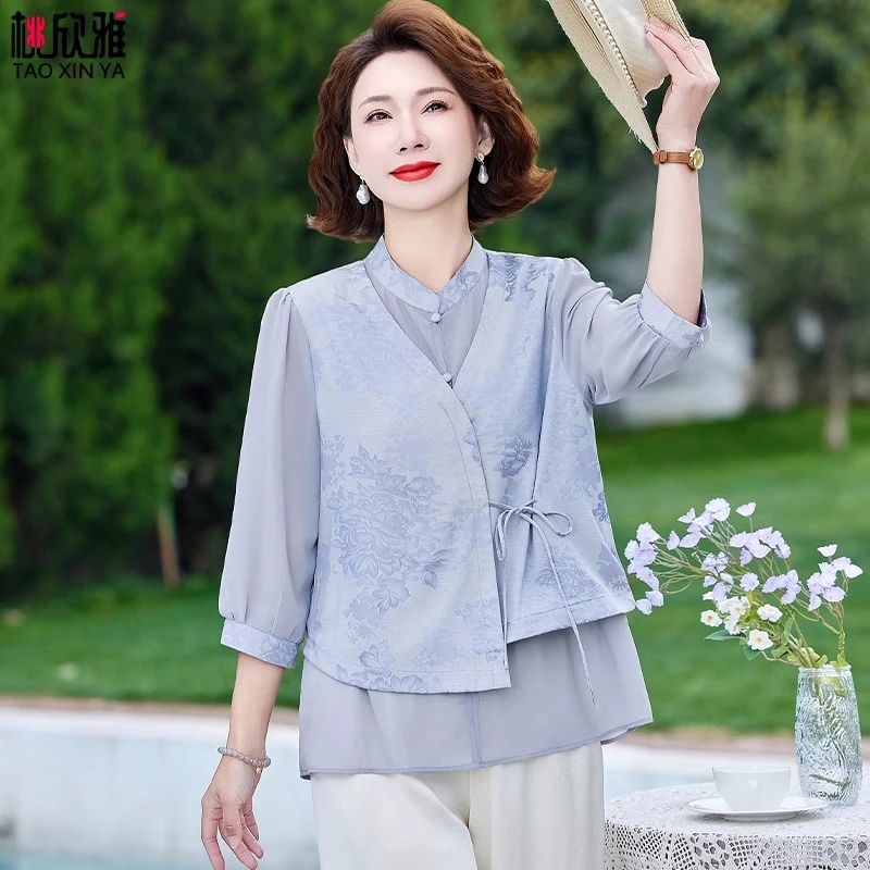 国风妈妈夏装套装2025新款阔太太洋气高贵小衫中老年人女夏季上衣