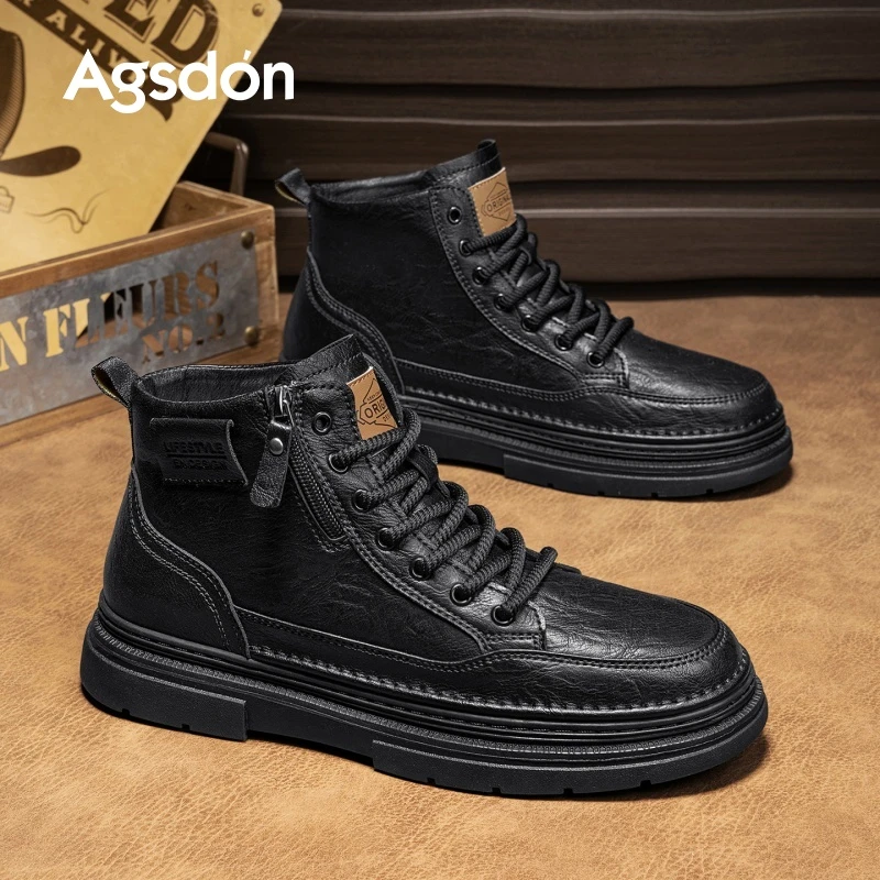 Agsdon/奥古狮登马丁靴男款高帮耐磨侧拉链厚底增高防水工装鞋潮