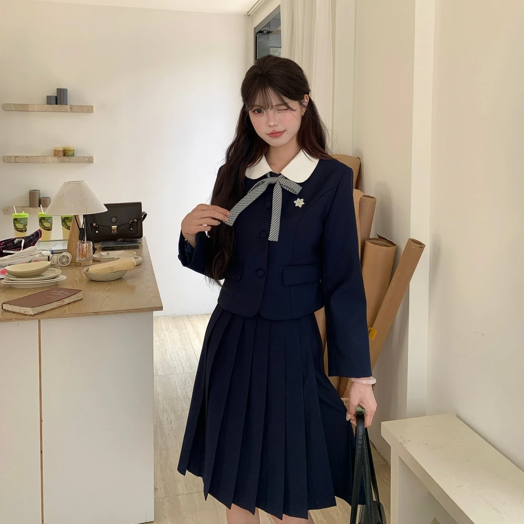 冰淇淋与鲸昭和服圆领西服套装学院风日系千金感秋冬收腰两件套装