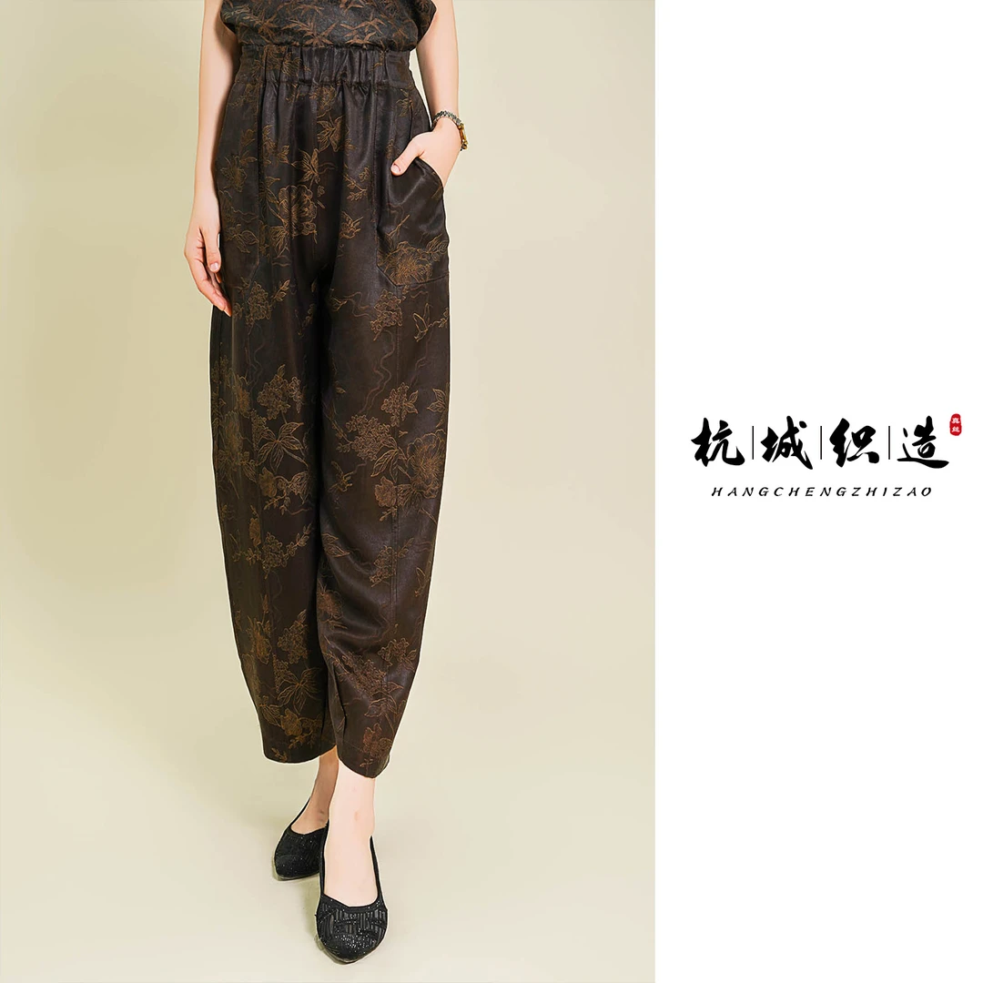 【玫瑰金】香云纱重缎提花双面双穿松紧腰宽松裤子-KF2430760