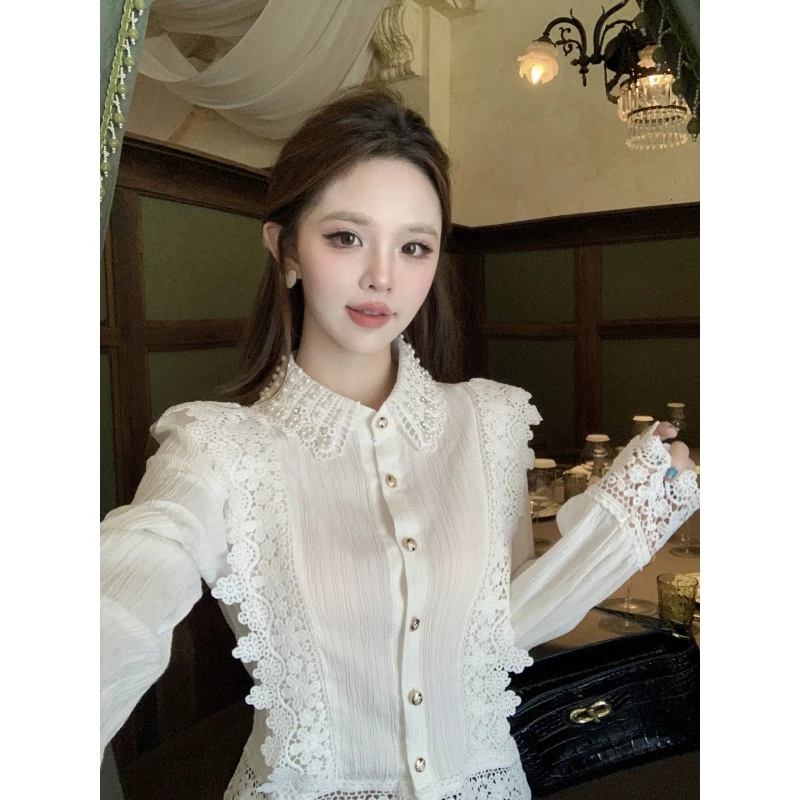 法式气质小香珍珠蕾丝勾花边衬衫女名媛风别致独特小衫内搭秋冬款
