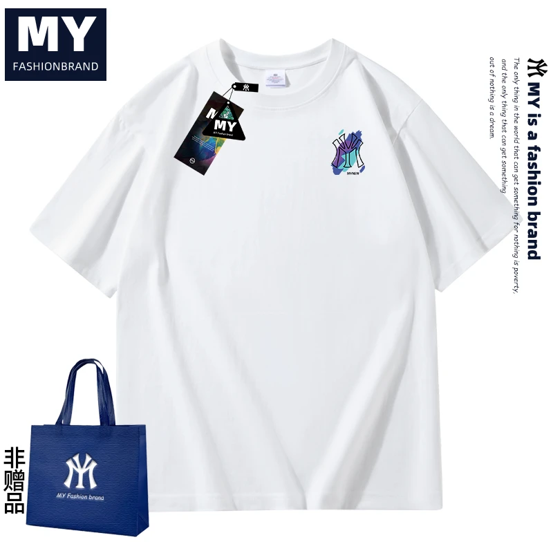 MYJU夏季重磅纯棉短袖t恤男女情侣印花百搭潮流宽松厚实半袖打底