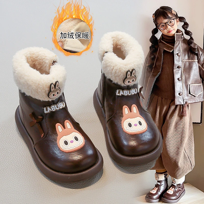 拉布布女童靴子2025新款秋冬儿童女孩加绒卡通皮面短靴中大童棉靴