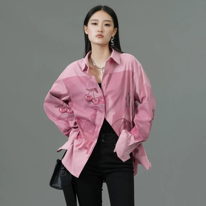 uti慕斯粉艺术印花衬衫女装 百搭设计感休闲上衣春季新款