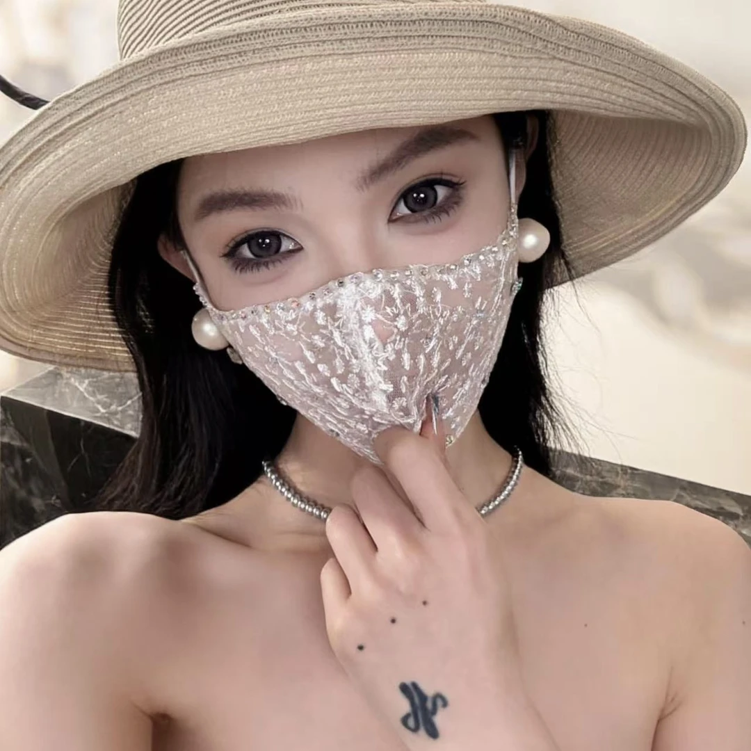 【满天星口罩】法式蕾丝镶钻网纱防晒口罩