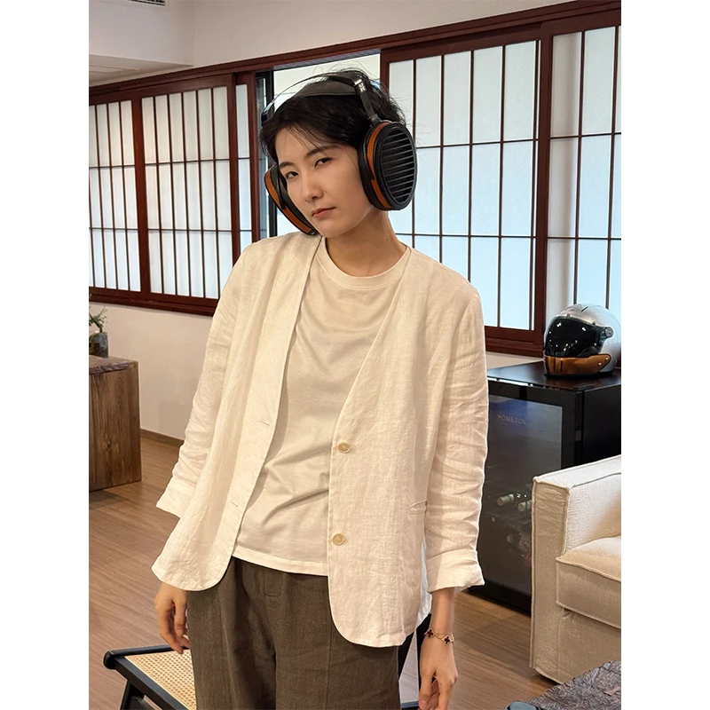 LANGQING 日式宽松V领夏日亚麻外套44343#