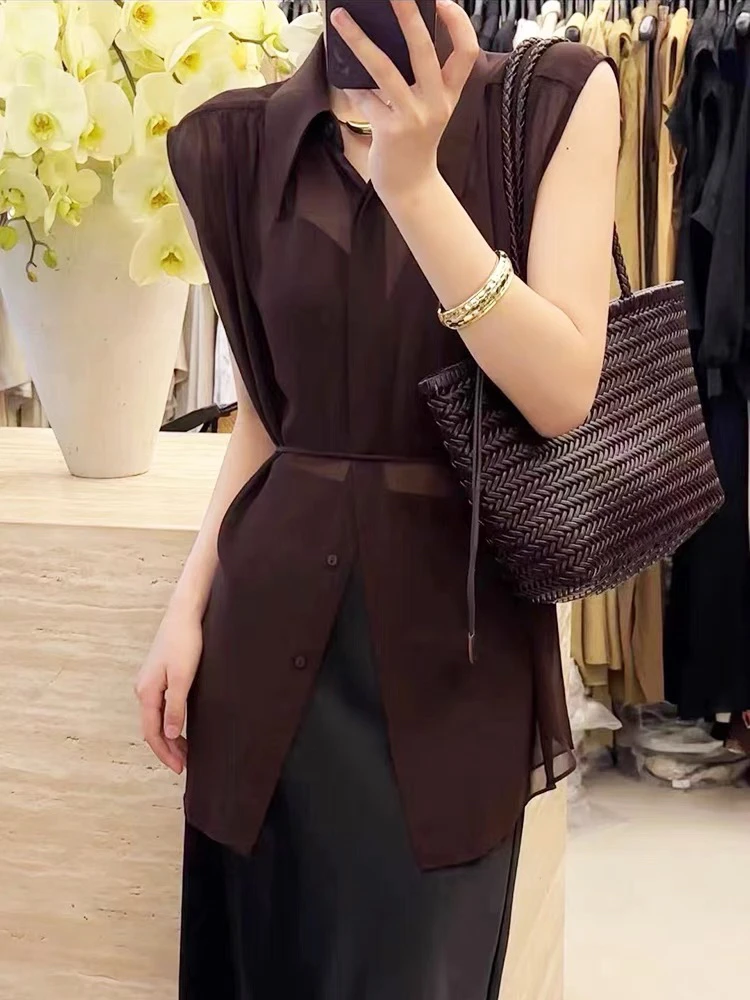 19无袖夏季薄款纯色衬衫上衣百收腰显瘦小众设计