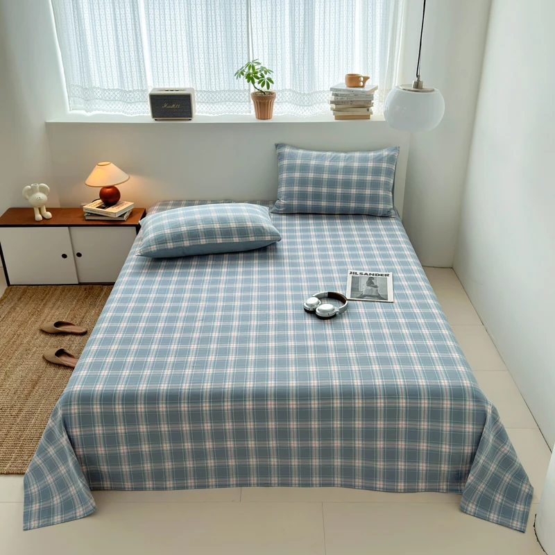 全棉水洗棉单件床单布床素色格子学生宿舍单人双人纯色罩床透气