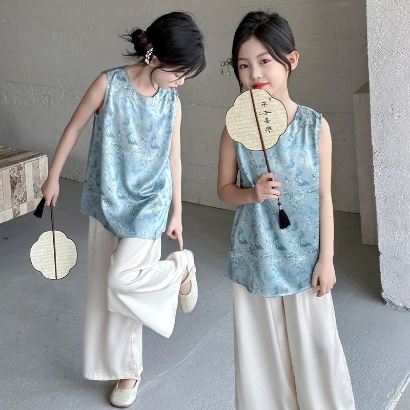 女童新国风套装夏2025新款女大童无袖阔腿裤两件套女孩新中式夏装