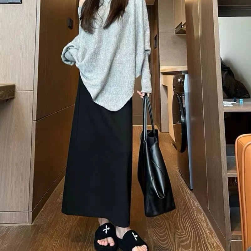 春季新款百搭休闲毛呢纸片裙子显瘦垂感松紧腰时尚a字裙后开叉