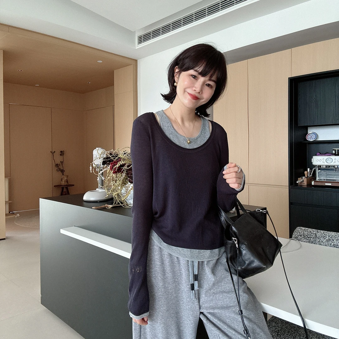 秋季时尚洋气U领假两件撞色针织衫长