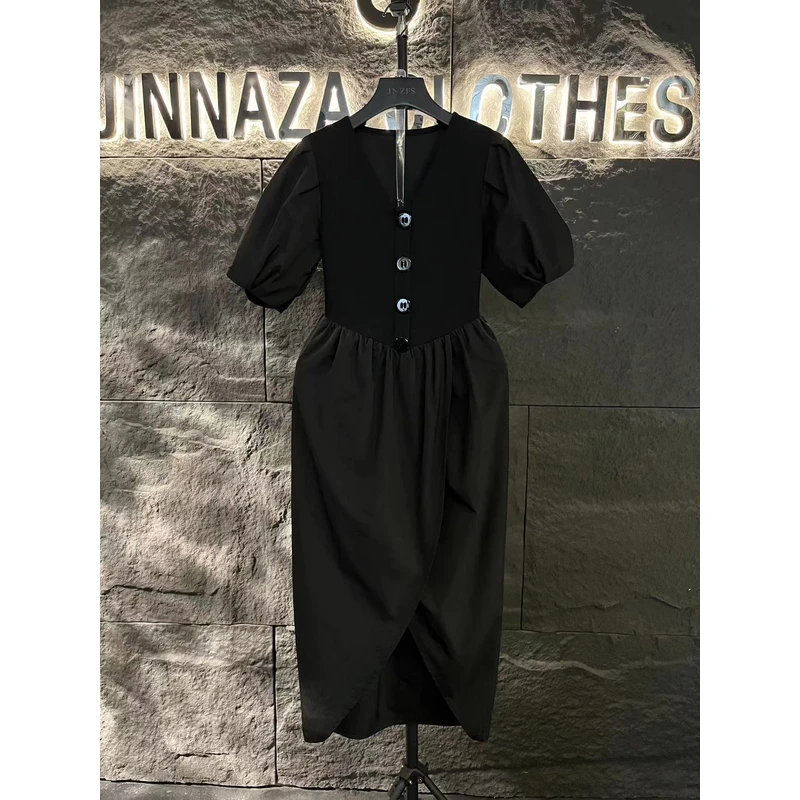 【原创大码设计师款】夏季新款拼接设计感v领下摆不规则连衣裙4604