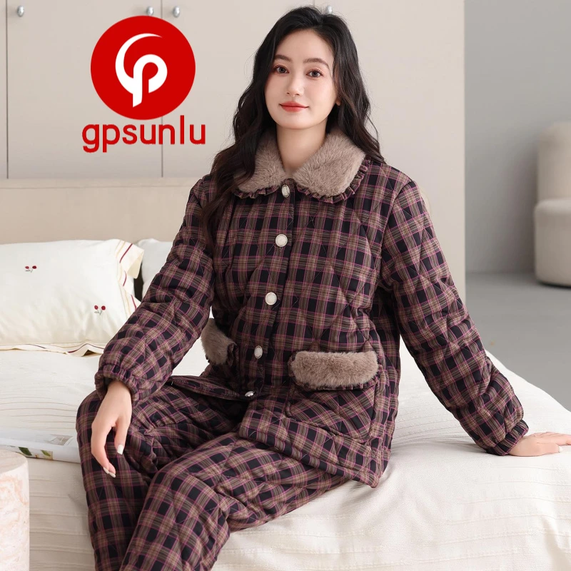 gpsunlu冬季睡衣女款三层加厚夹棉袄妈妈秋冬加绒法兰绒家居服
