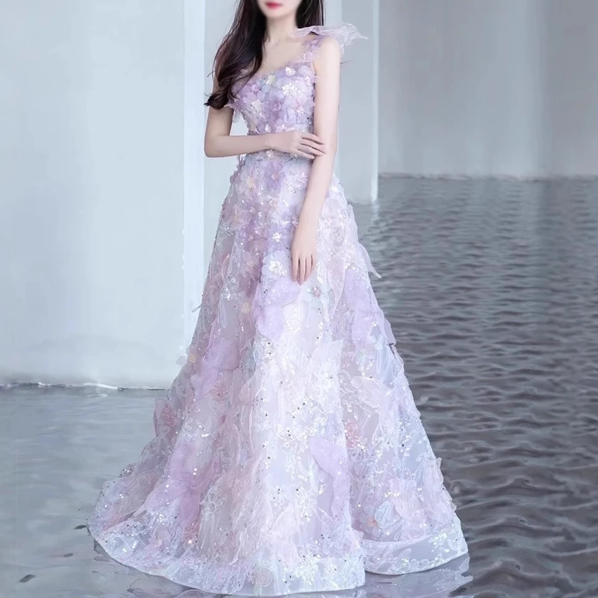 2025新款紫色花朵敬酒礼服裙重工女轻奢主持人生日气场强大礼服裙