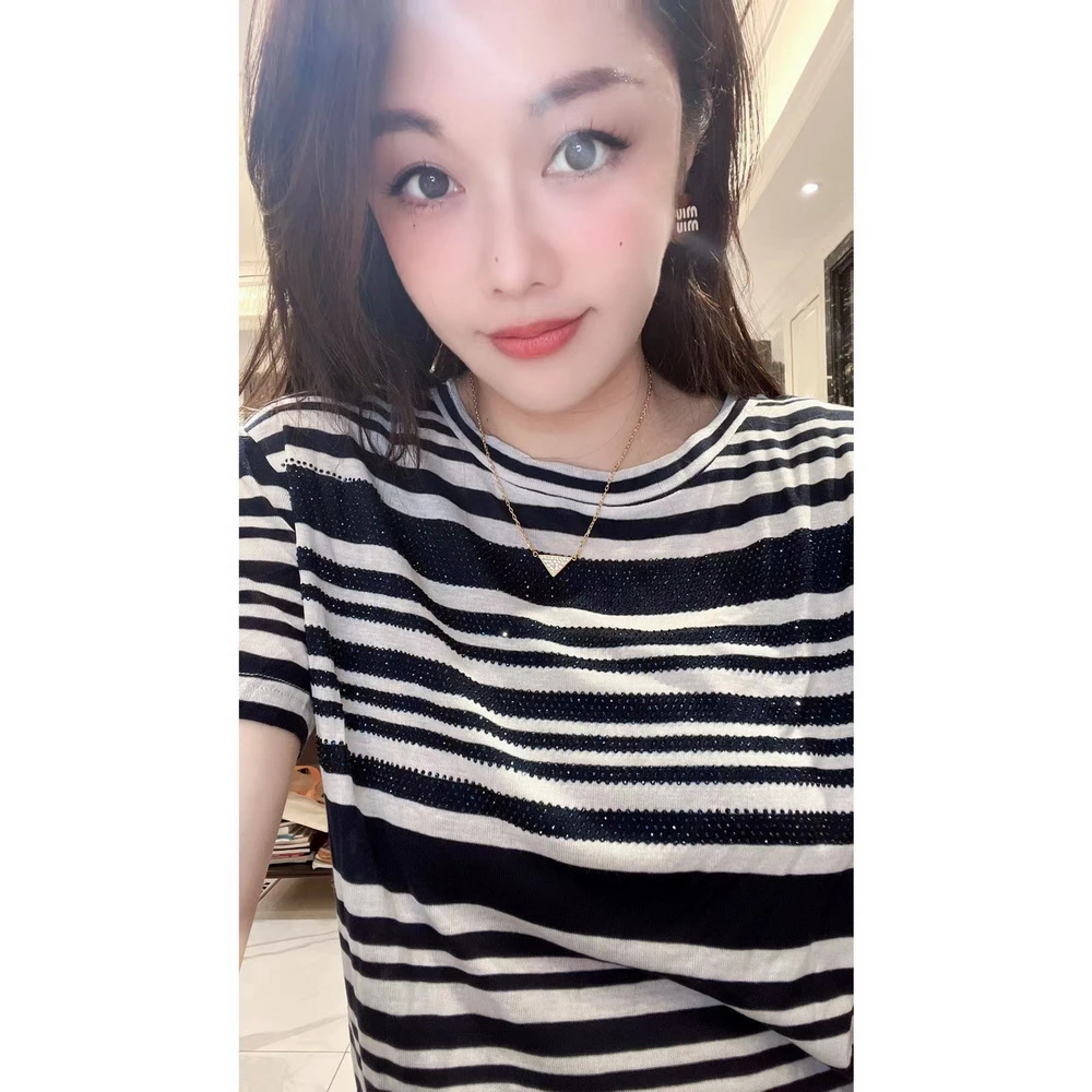 【1092黑条色】女短袖夏2025新重工修身打底衫高货