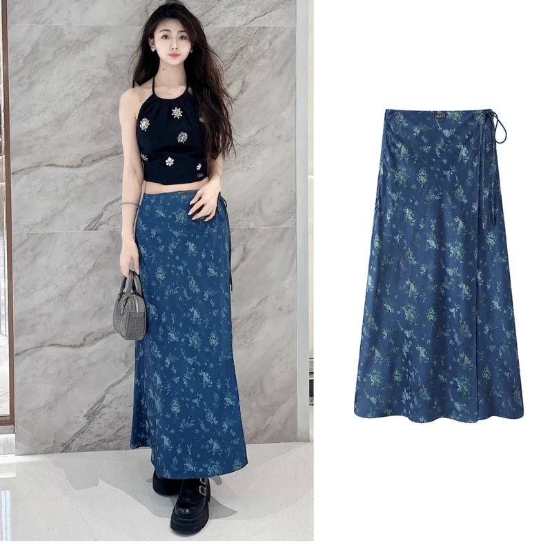 高腰复古提花围裹式系带蓝色半身裙A字裙气质长裙【8131】