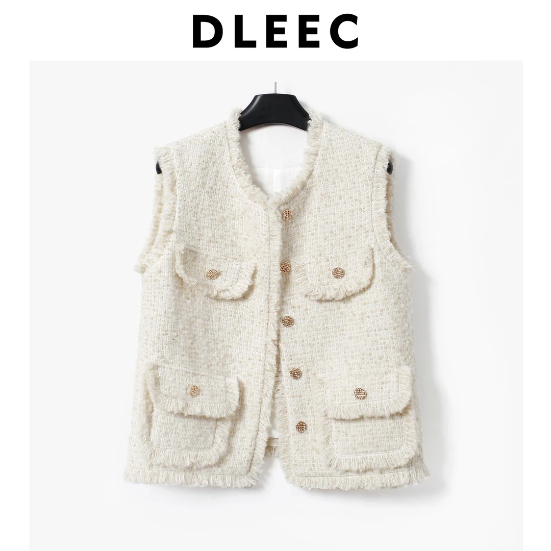 DLEEC 搭配好选择 燕麦流苏毛边小香风编织宽松马甲无袖显瘦上衣
