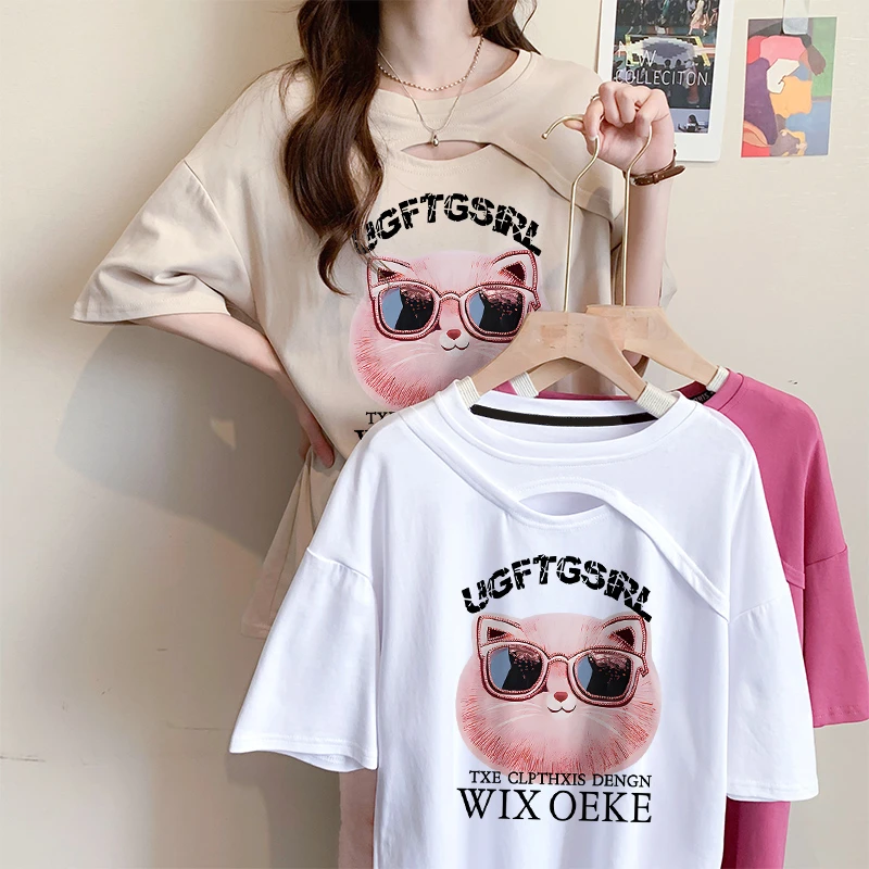 趣味卡通纯棉短袖T恤女夏季新款韩版宽松大码洋气设计感镂空上衣