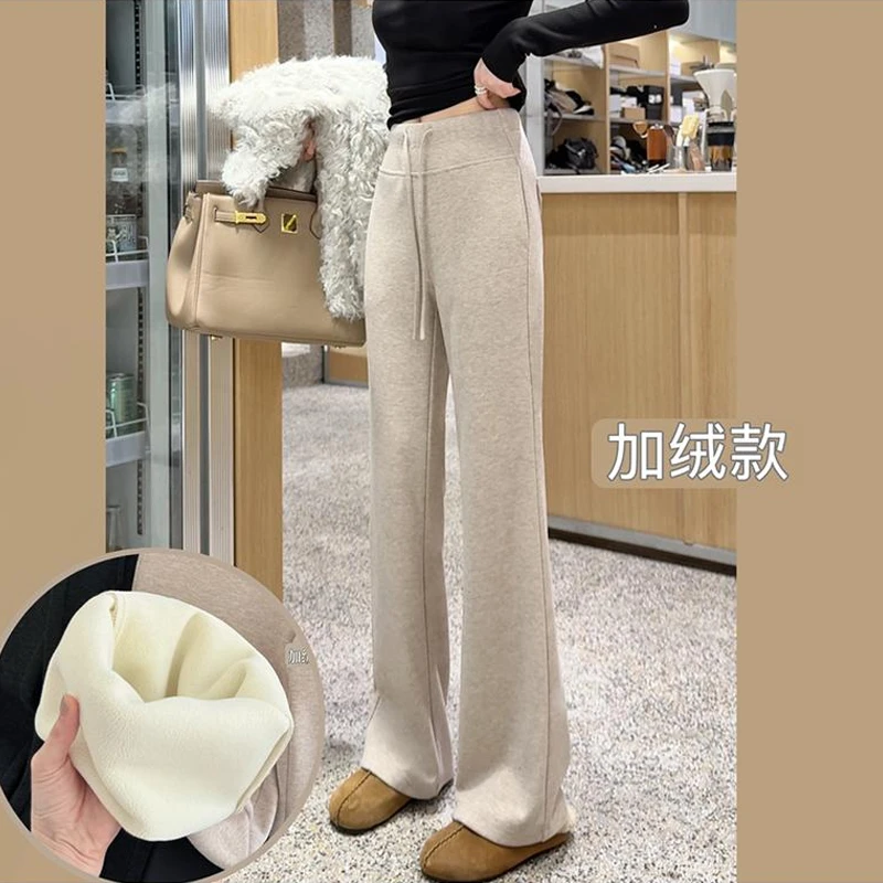 拉夏贝尔加绒微喇裤女秋冬2025新款松紧腰系带加厚保暖休闲喇叭裤