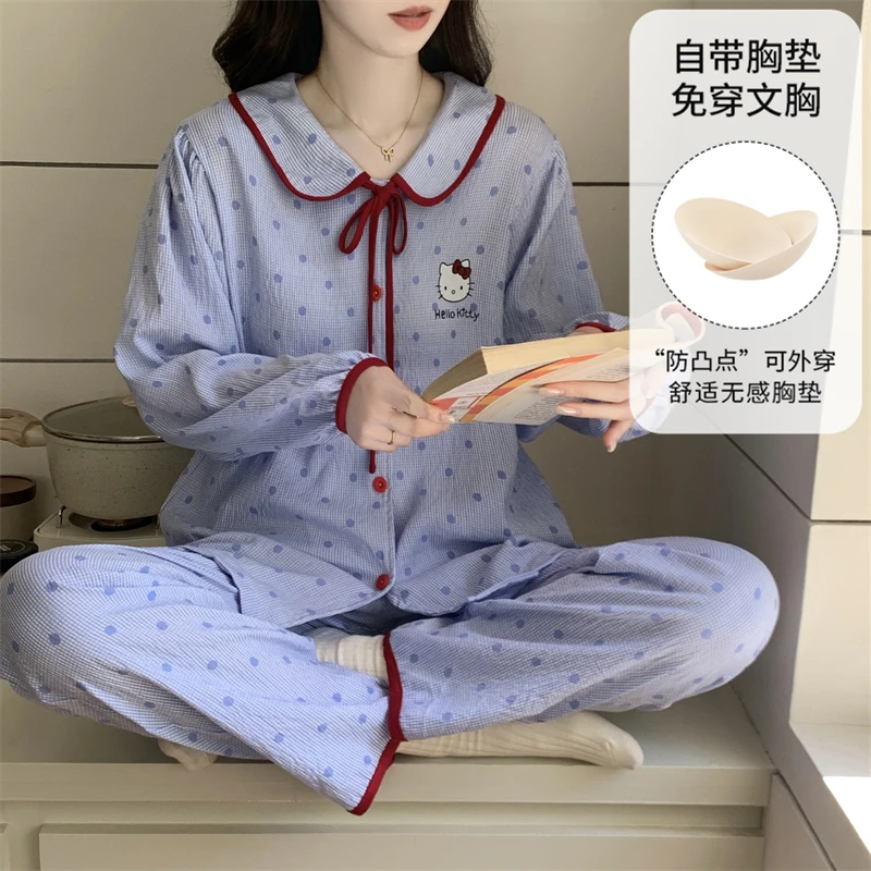 芯语婷秋季新款波点KT猫云朵泡泡纱女士睡衣带胸垫长袖套装可外穿