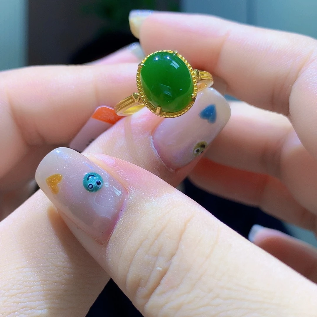 和田玉（碧玉）戒指银S925镀金镶嵌