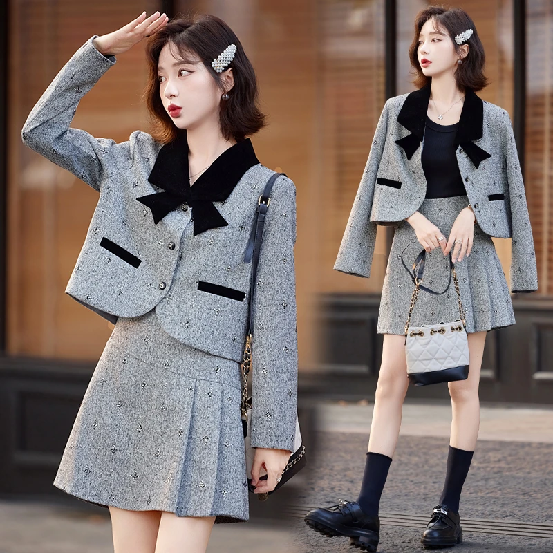 小香风名媛套装女2025春秋新款复古法式撞色名媛上衣百褶半身裙潮