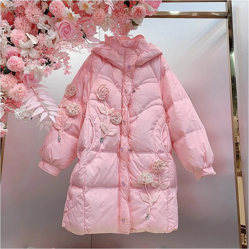 HH7200欧美风设计师2024冬季新款重工钉钻立体花朵连帽羽绒外套女