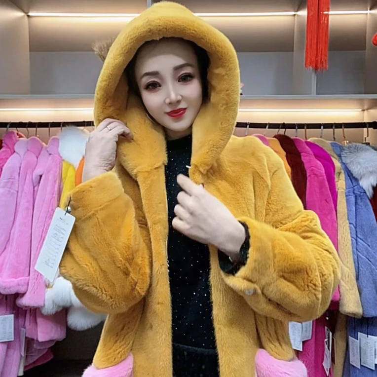 紫标天鹅绒进口貂皮大衣女中长款连帽oversize廓形水貂皮草外套