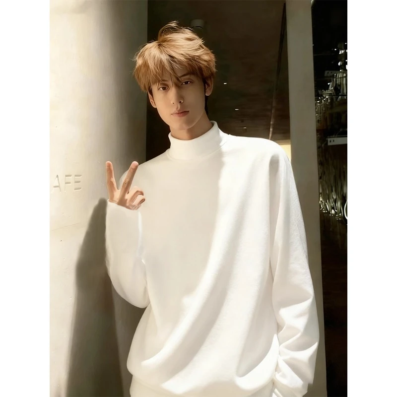 白色高领德绒打底衫男秋冬季cleanfit修身卫衣痞帅高级感长袖T恤