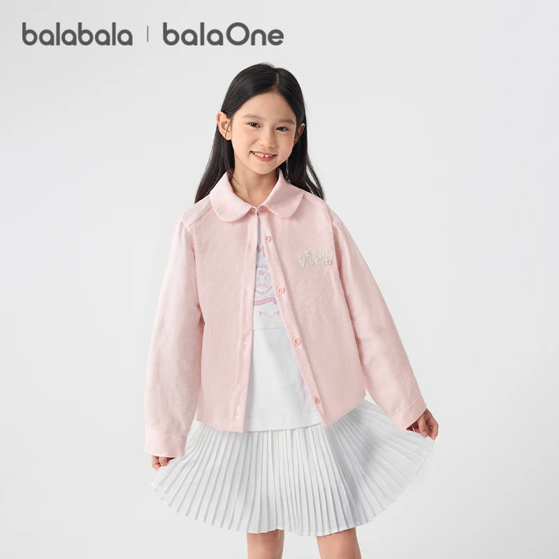 【balaOne】巴拉巴拉女童衬衫儿童长袖2025秋上衣磨毛格子外套潮