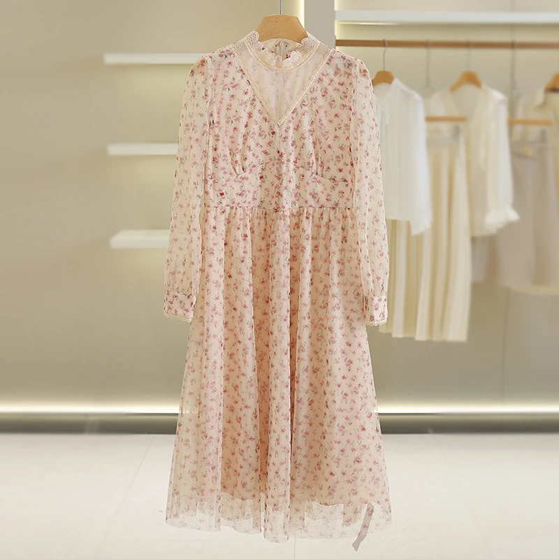 伍莎品牌折扣店【郁】小清新碎花修身立领雪纺连衣裙新款