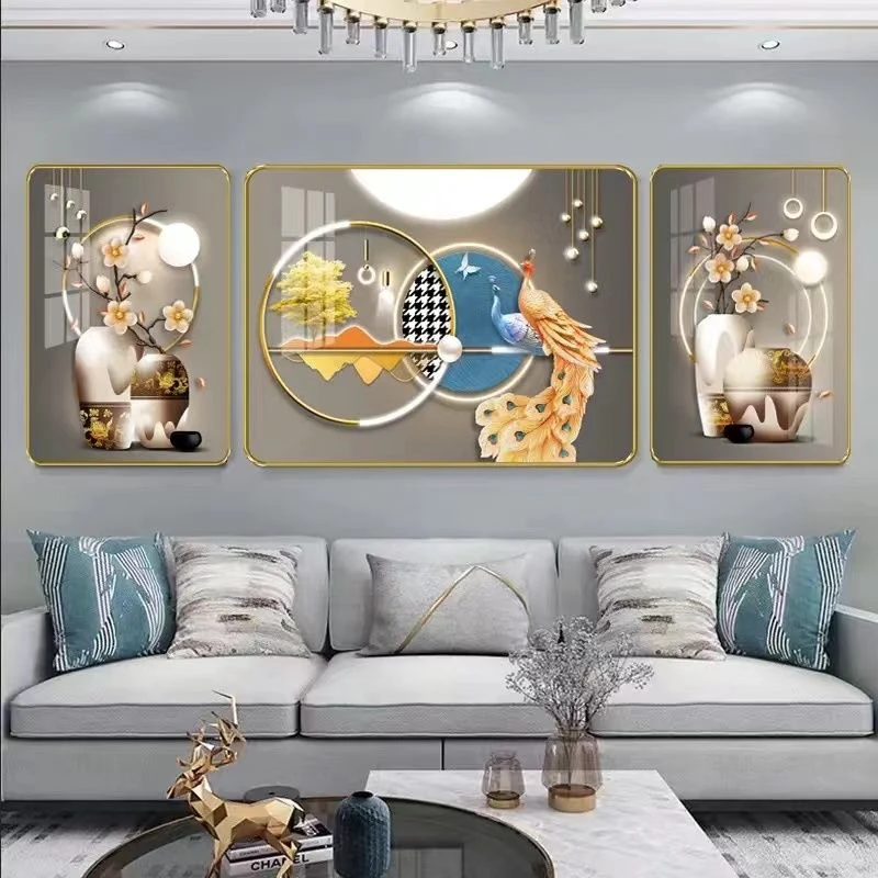 M018现代简约沙发背景墙挂画山水圆角轻奢三联客厅装饰画晶瓷高档