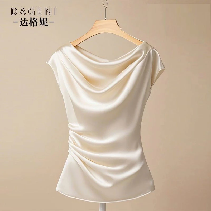 法式荡领一字肩缎面上衣女士夏季新款短袖衬衫高级感收腰显瘦小衫