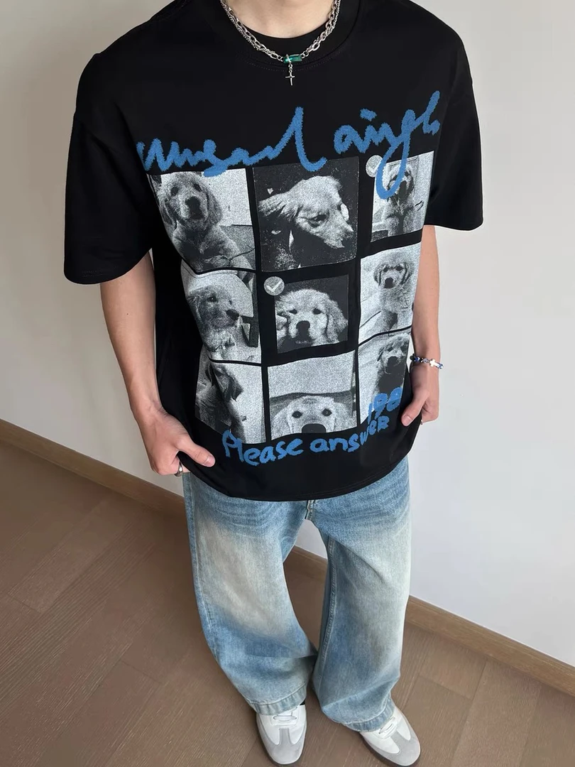 美式复古金毛小狗重磅纯棉短袖t恤男夏季宽松休闲vintage半袖上衣