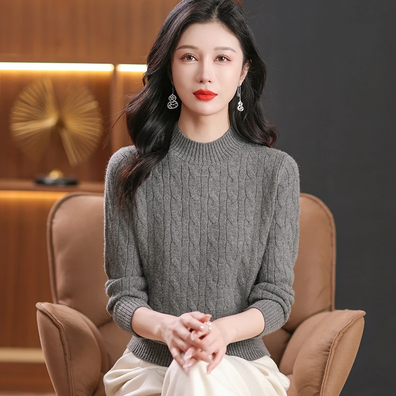 秋冬长袖百搭加厚麻花微高领针织衫时尚洋气显身材内搭外穿