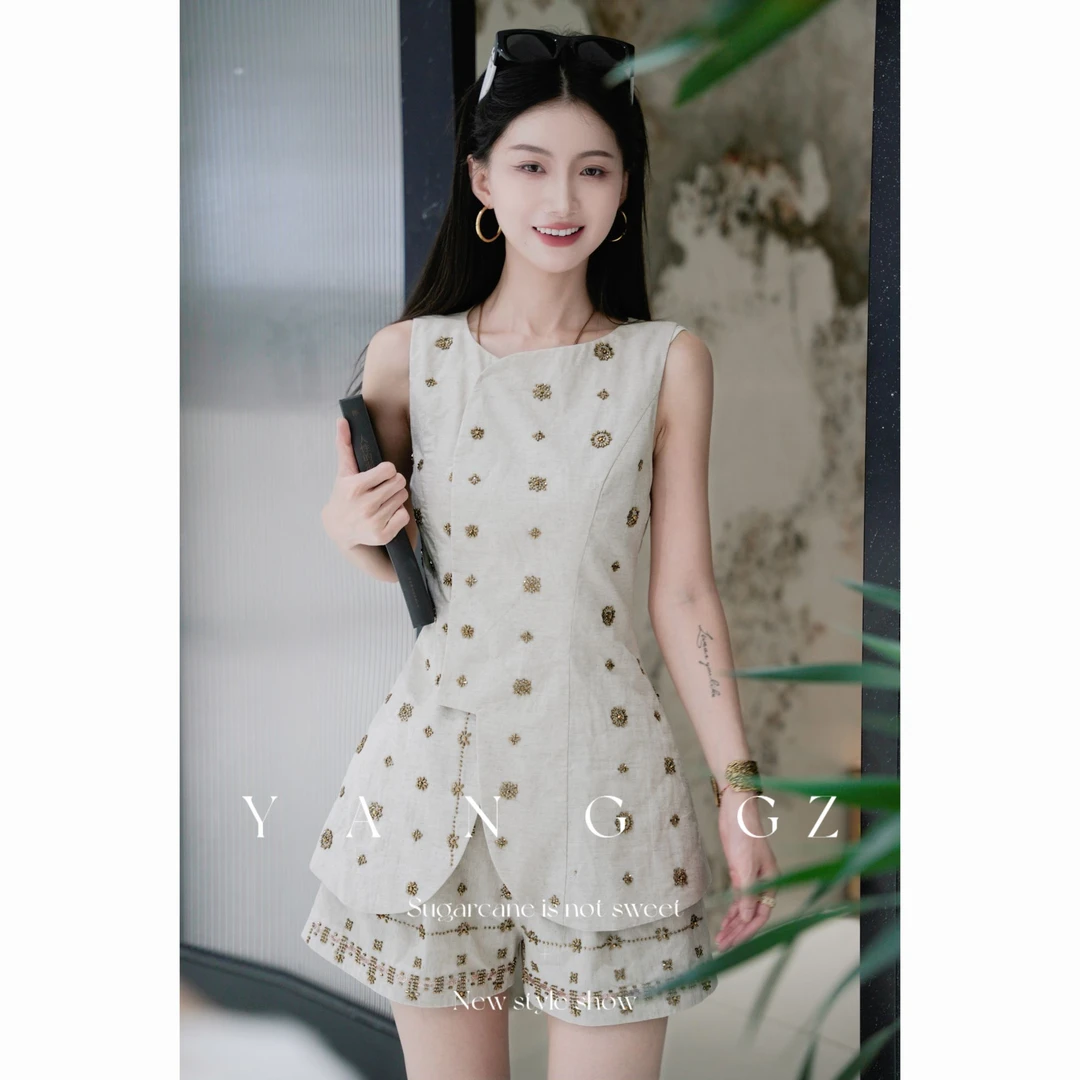 YANG GZ【Q芸香意】新中式管珠绣花马甲+短裤套装女 GZ5152SU656083