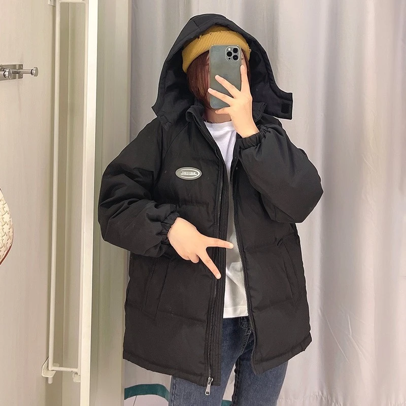 连帽羽绒服胸前标女加厚短款面包服宽松