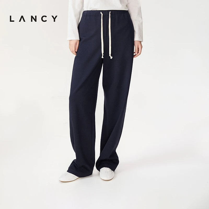 【宋佳同款】LANCY/朗姿2026春新款羊毛棉感运动抽绳镰刀休闲裤女