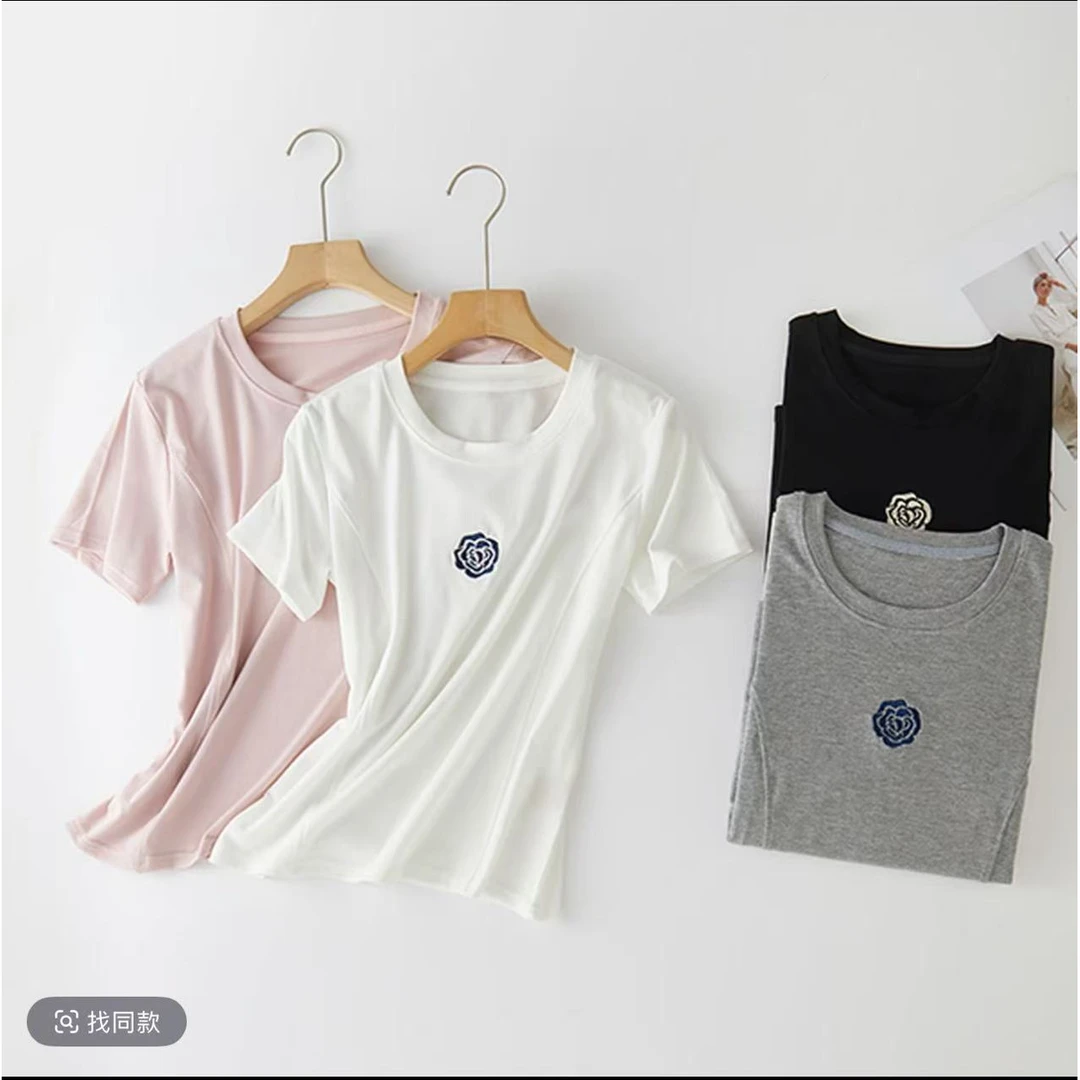 【新款首发】莱赛尔天丝+玻尿酸！万针刺绣山茶花鱼骨短袖时尚休闲T