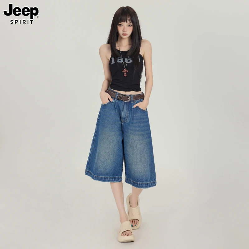 Jeep吉普美式复古牛仔短裤女夏2025新款直筒低腰五分中裤子七分裤