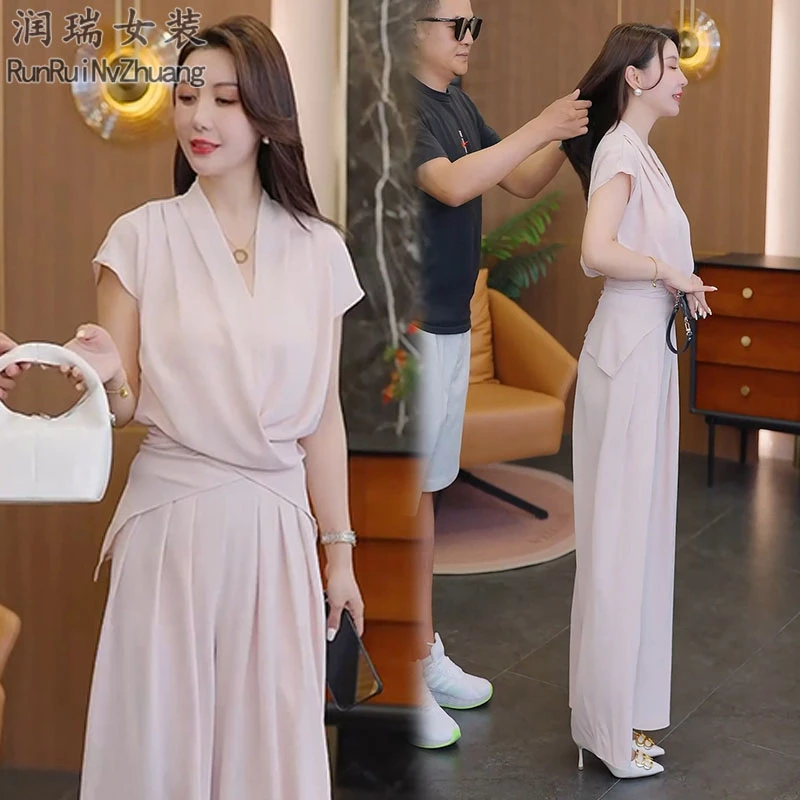 静奢风时尚套装女2025夏季新款轻熟风设计感收腰上衣阔腿裤两件套