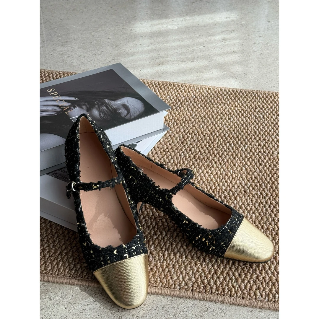 JESSICA WU鎏金星尘粗花呢复古搭扣方头玛丽珍鞋2599W15001