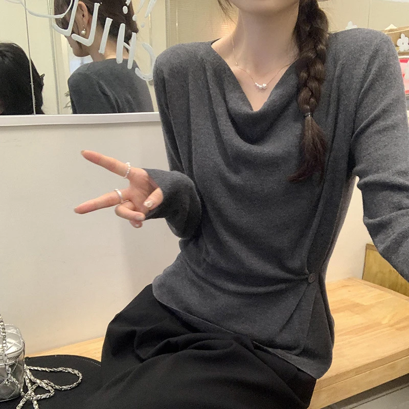 新款简约女士长袖修身打底衫秋冬气质纯色针织上衣上衣百搭时尚