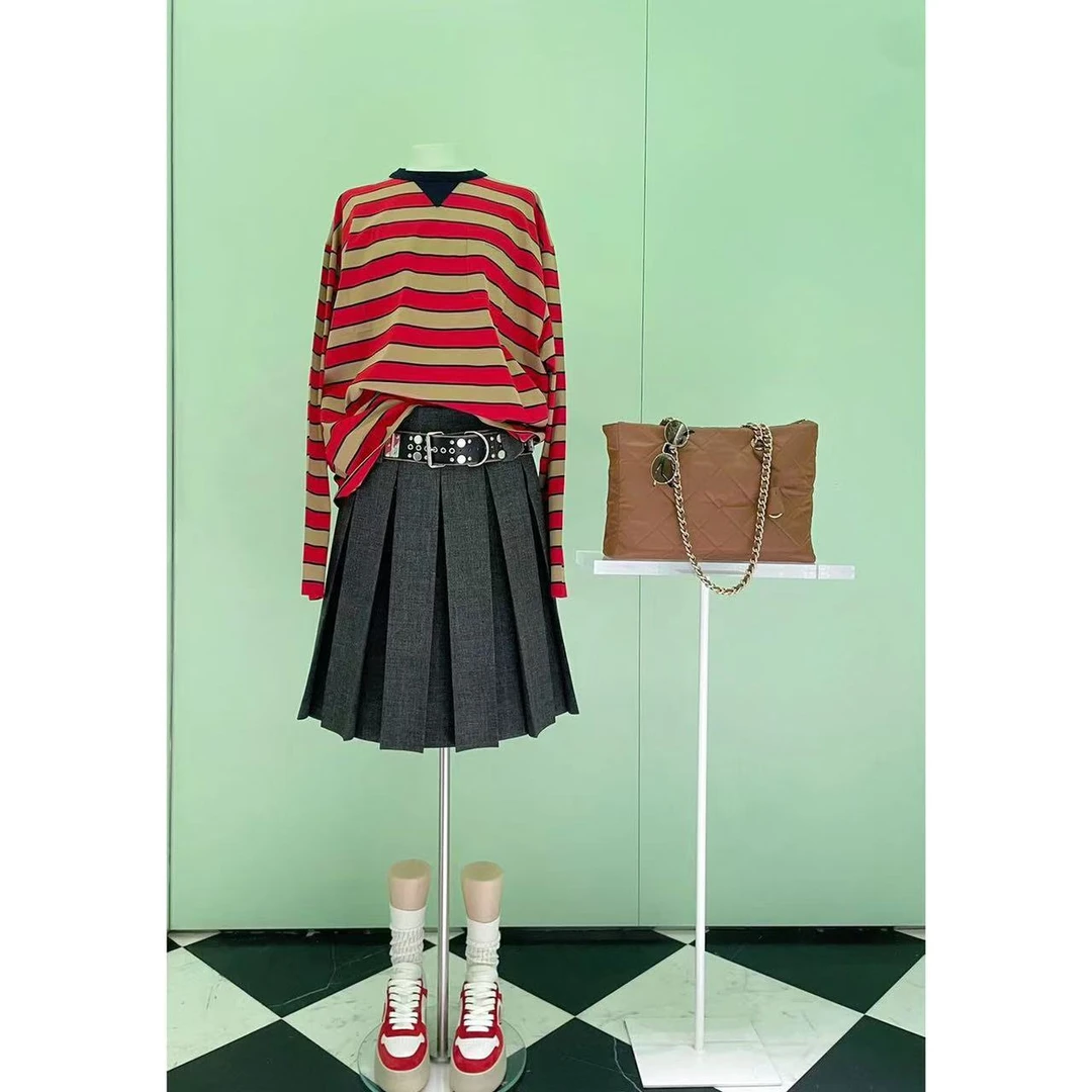 MY WANTS 2025早春新款潮流圆领套头女士红色条纹长袖T恤25-Z03