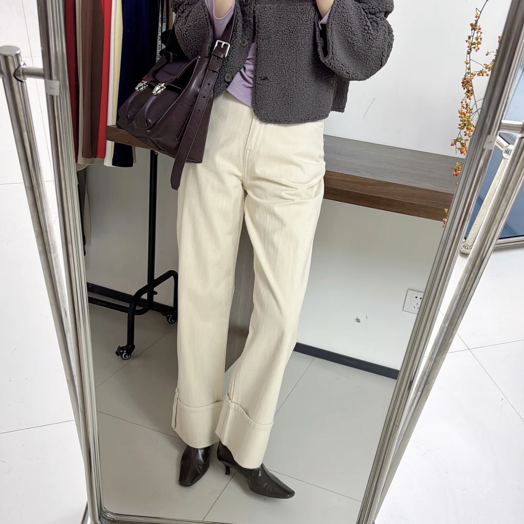 【特价】港风设计款翻边白色牛仔裤 百搭显腿长直筒拖地裤K0133
