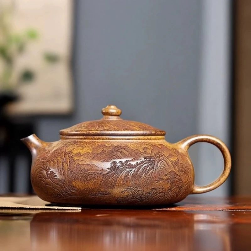 宜兴紫砂壶全手工茶壶纯原矿段泥柴烧刻绘寒江壶160CC名家作品